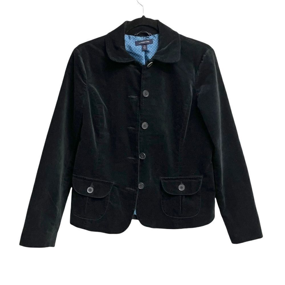LANDS END Velvet Button Front Long Sleeve Blazer Jacket Navy Blue XS